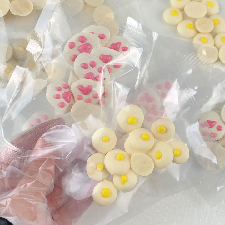 Handcrafted Goat Milk "Fried Eggs" – High Protein, Low Fat – Cat Paw &amp; Egg Shapes – 20 Packs (10-18 Pieces per Pack) – No Additives, Great Training Reward Treats